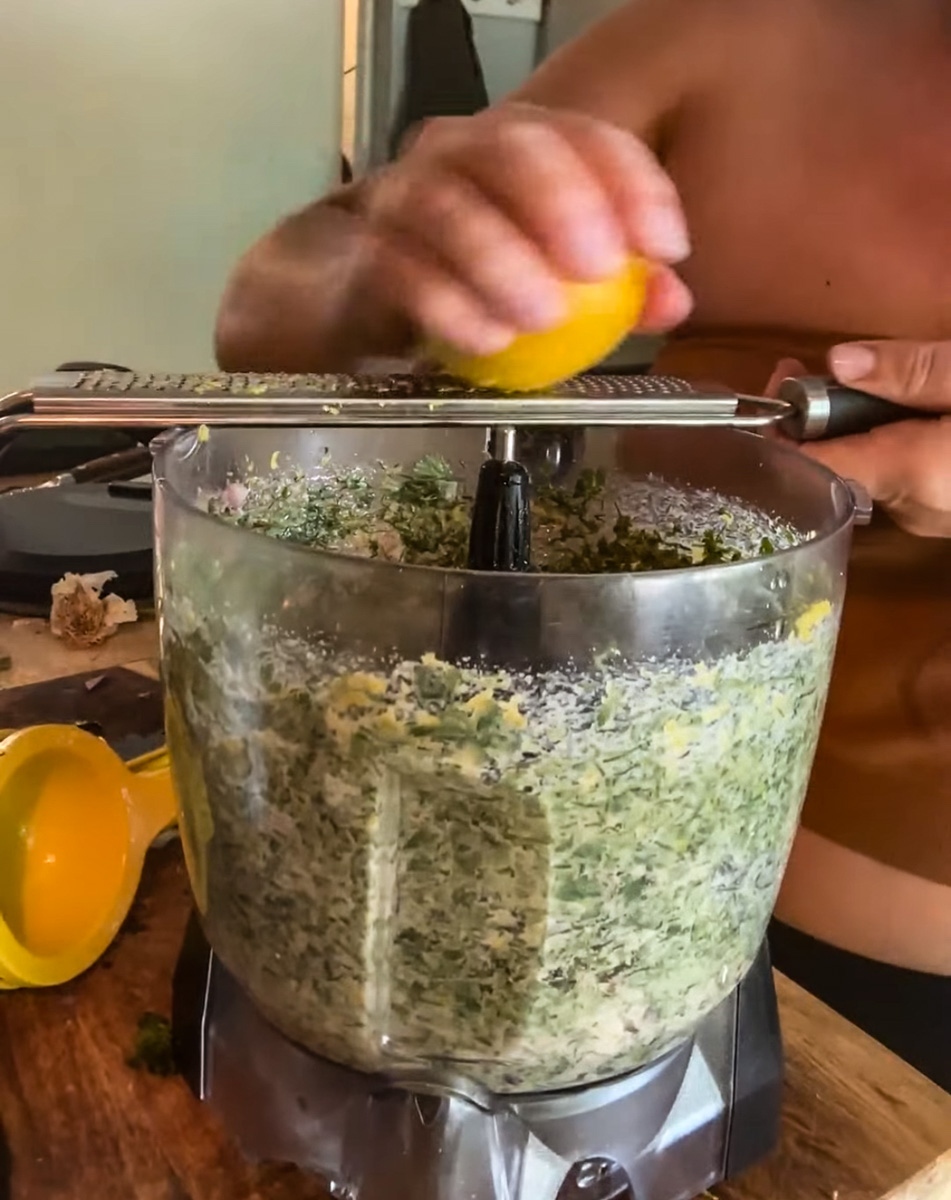 Combine all herbs and liquid into food processor