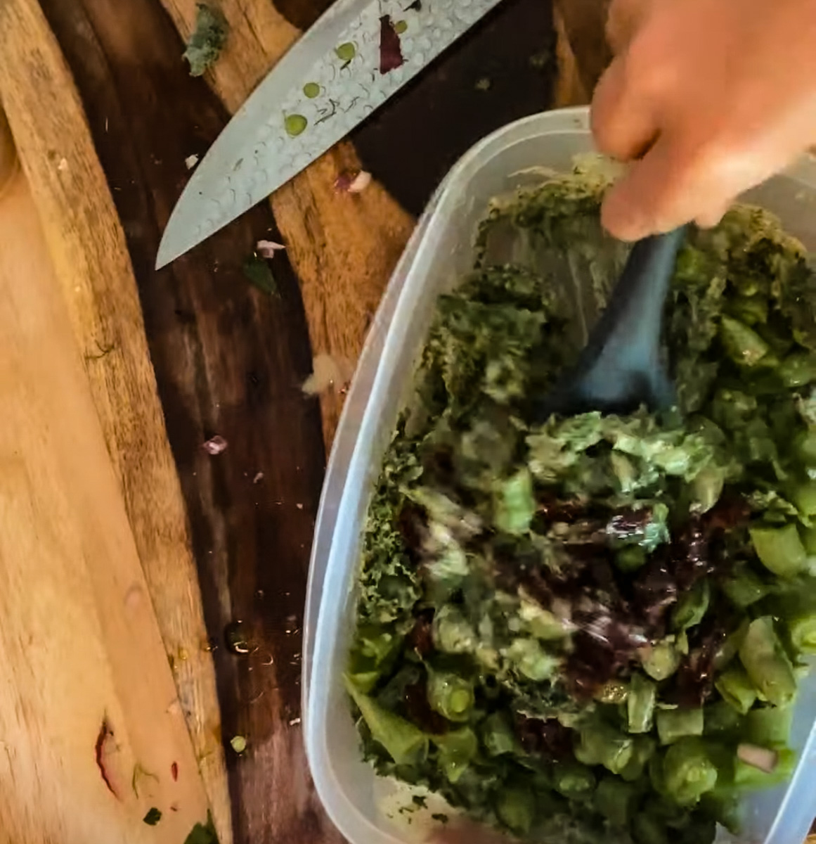 cut snap peas, sun dried tomatoes, kale and mix with dressing