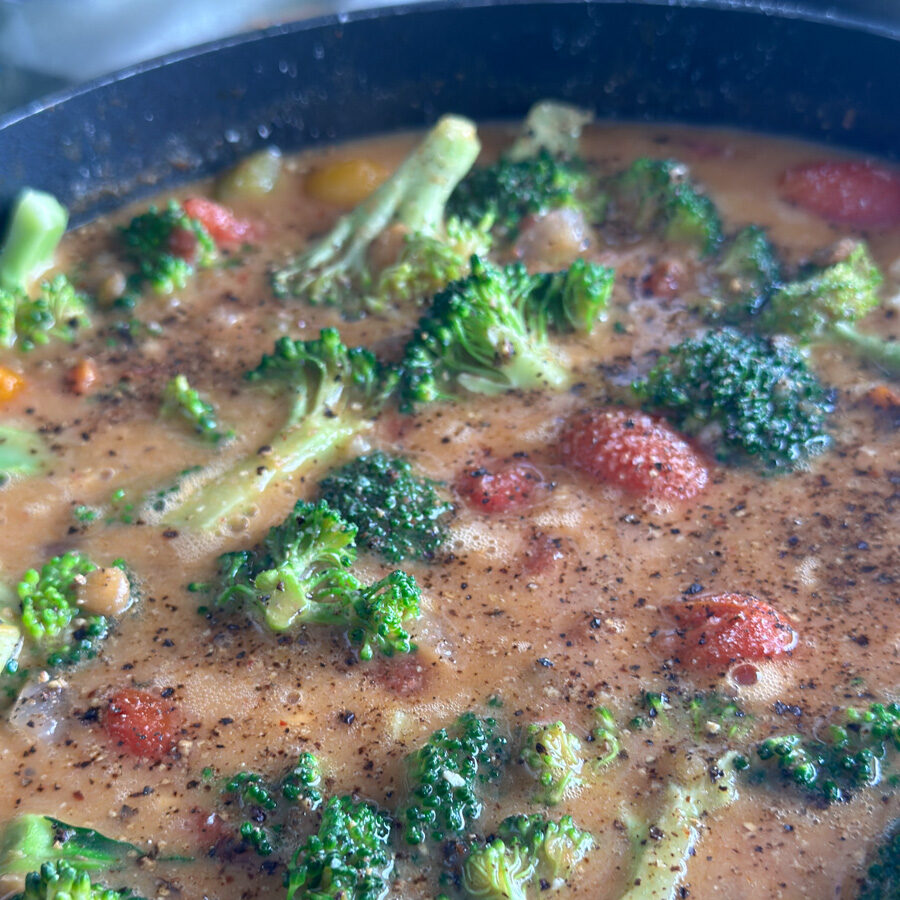 Add liquids and once sweet potato is done add remainder of ingredience. 