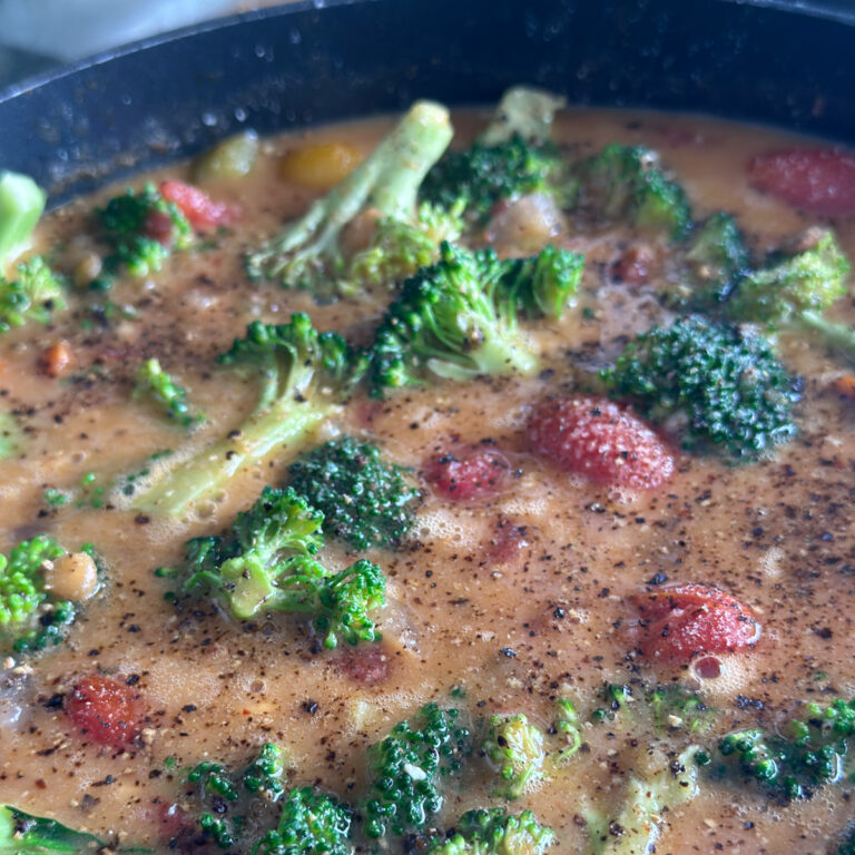 Lentil curry stew with broccoli and sweet potatoes