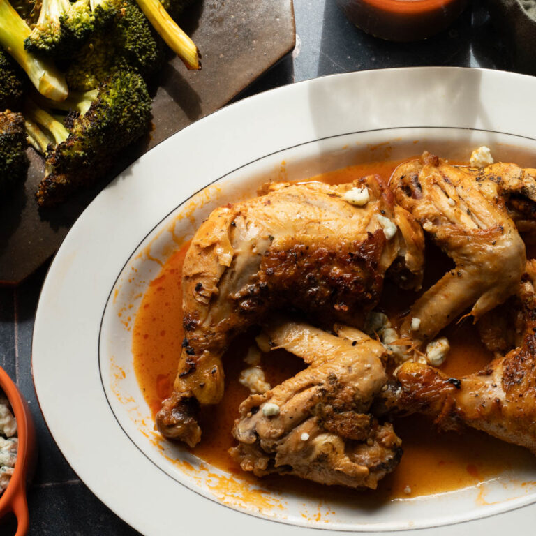 Braised Buffalo Chicken with a side of broccoli